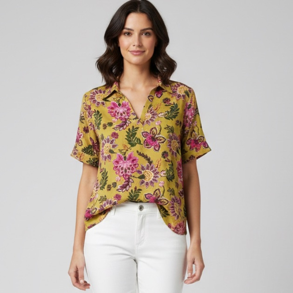 Single thread clothing boho green floral satin top M